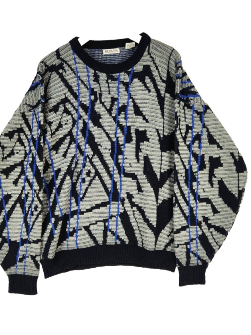 Koman Sweater Mens Large Black Blue Gray Grandpa Crew Neck Abstract 90s